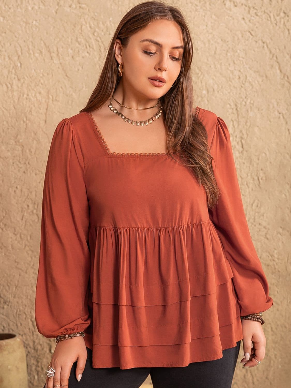 Plus Size Lace Detail Square Neck Long Sleeve Blouse.