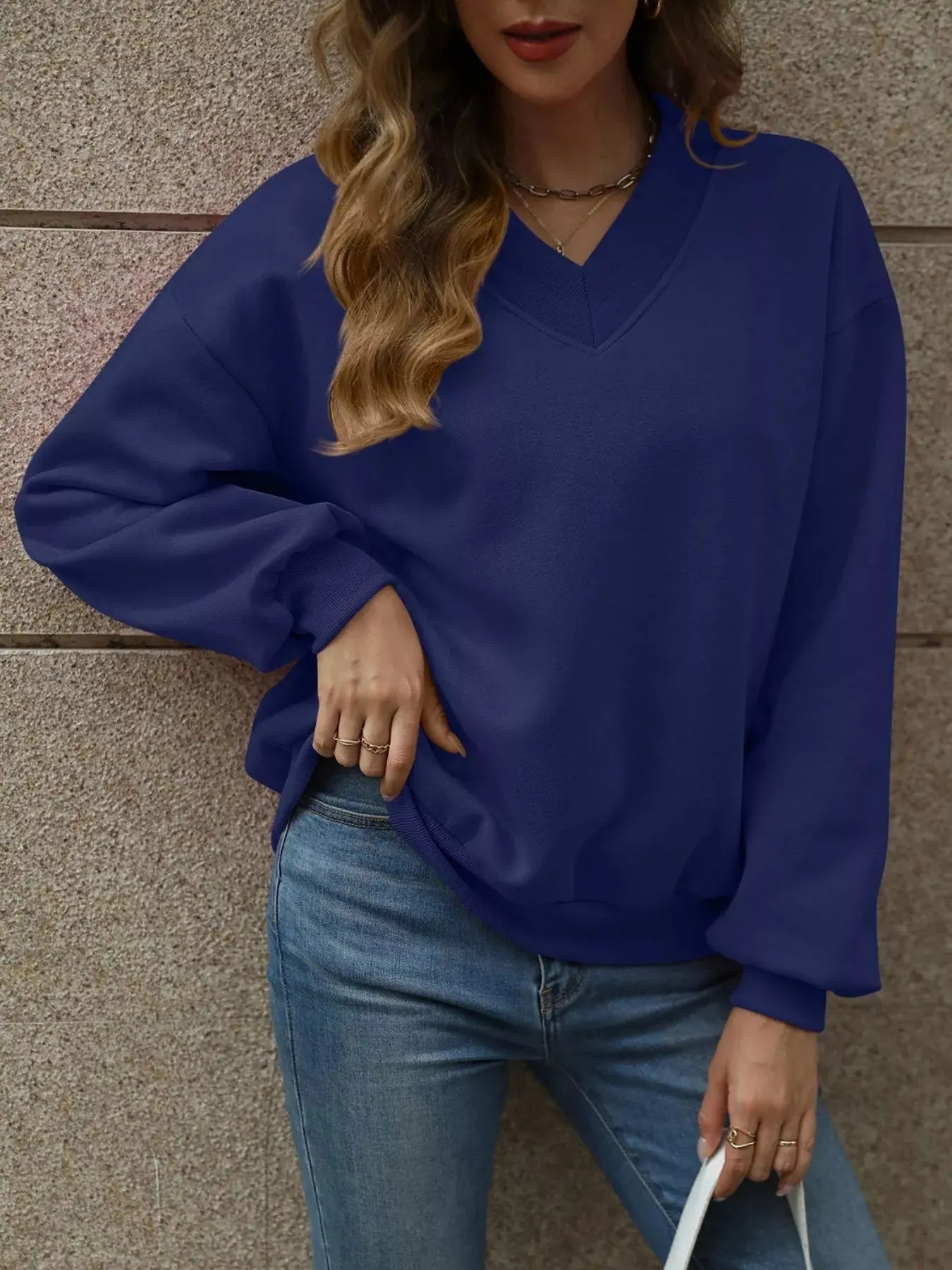 V-Neck Solid Color Casual Sweatshirt Simply Love
