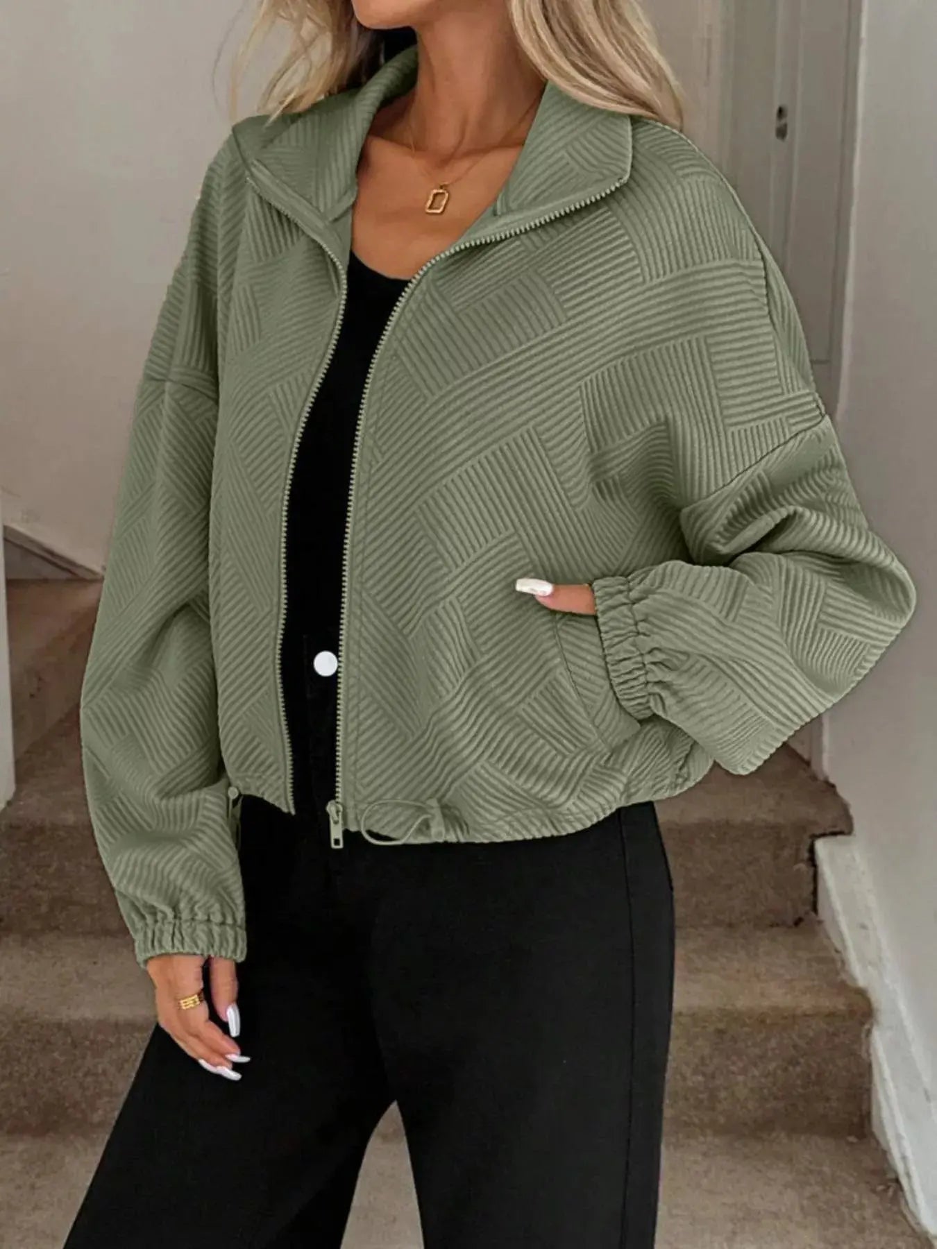 Textured Zip-Up Drawstring Hem Jacket Simply Love