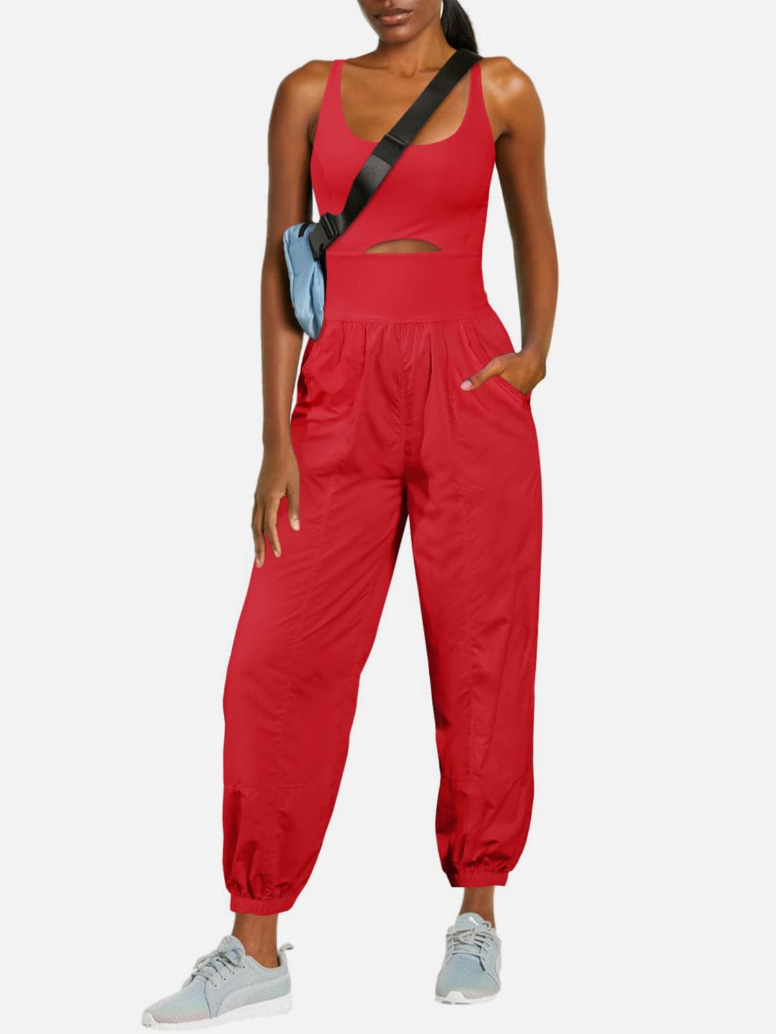 Chic cutout scoop neck jumpsuit with wide straps and pockets