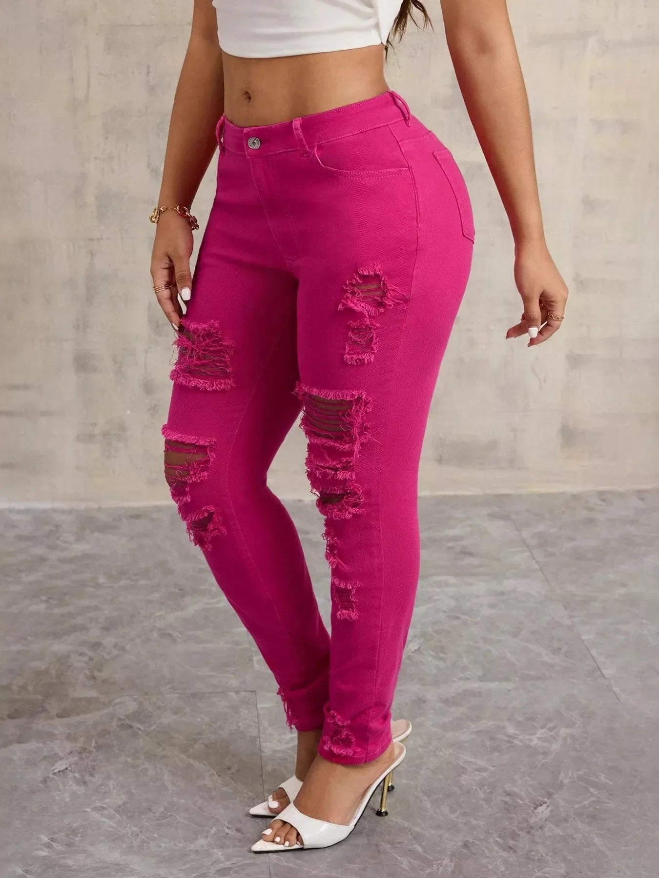Fuchsia Fierce Distressed High-Waisted Skinny Jeans Coco’s Tee Boutique