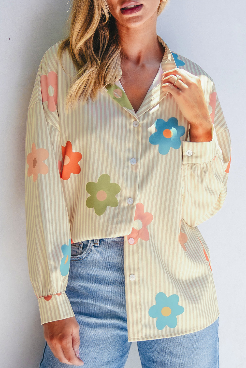 Chic apricot floral stripe button-up shirt for effortless style