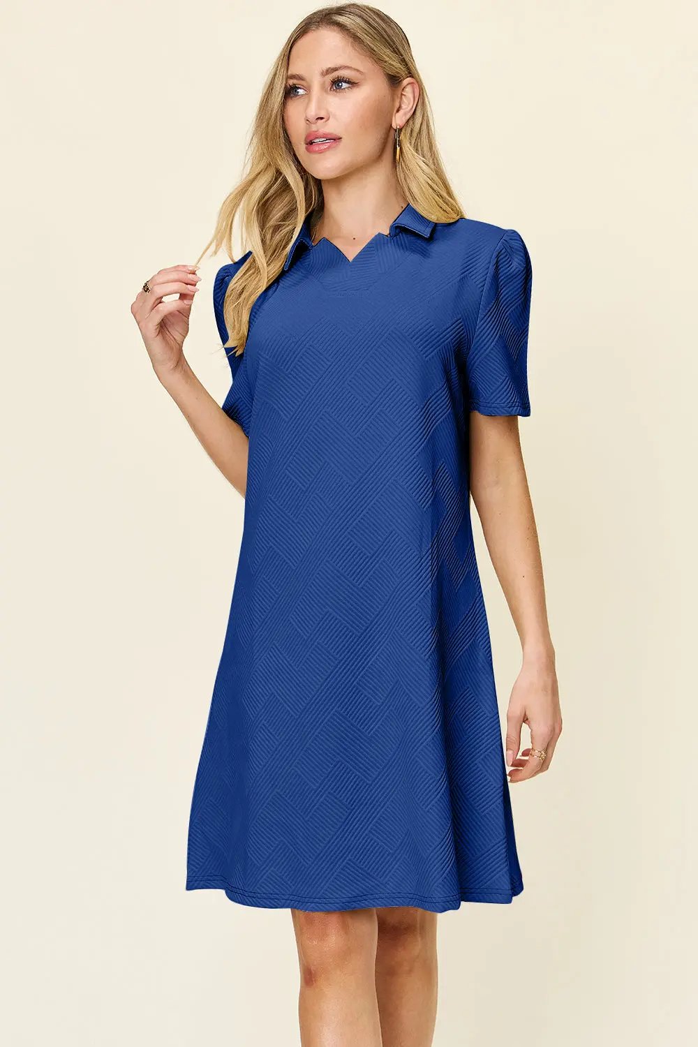 Double Take Full Size Texture Collared Neck Short Sleeve Dress - Love Salve