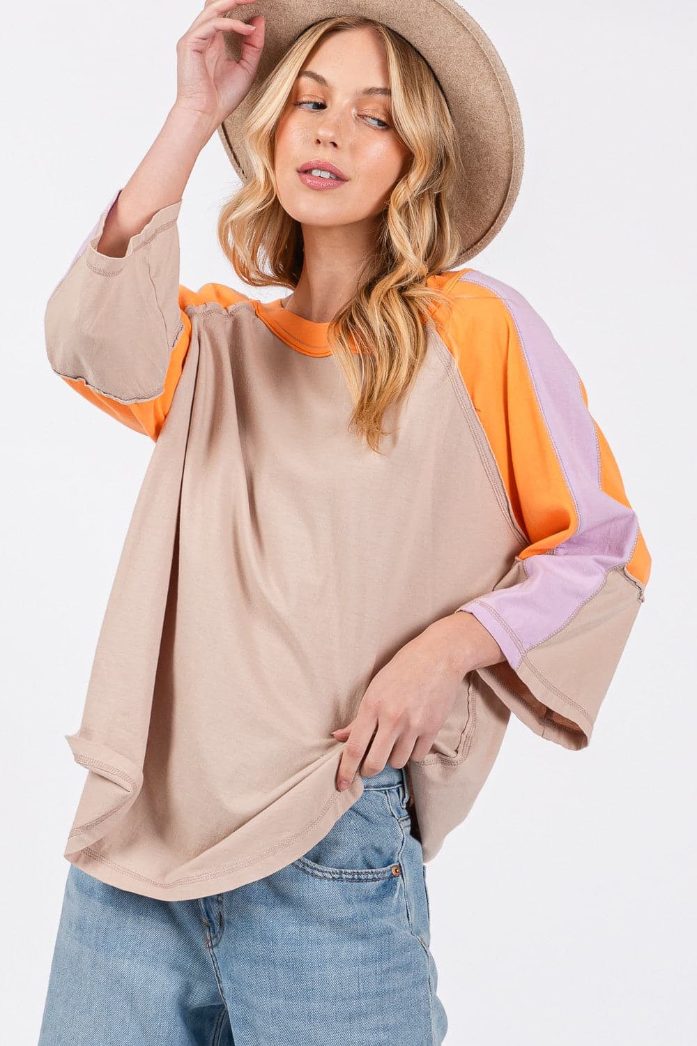 SAGE + FIG Color Block Curved Hem T-Shirt.