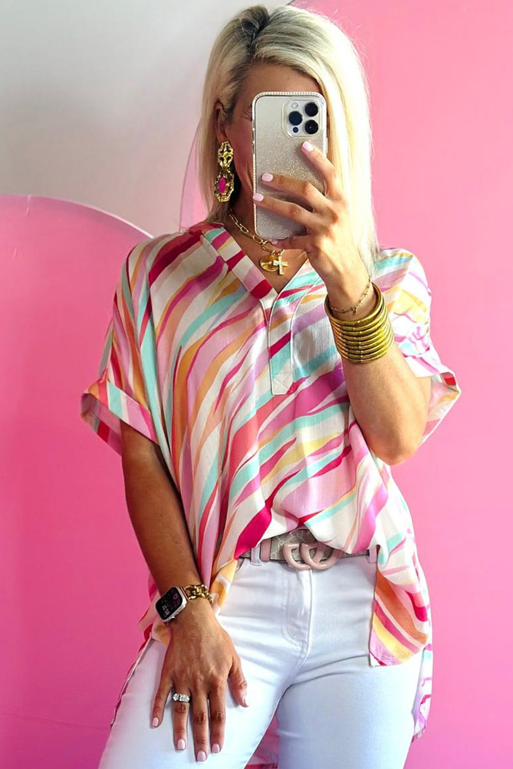 Vibrant Abstract Print High Low Blouse with Short Sleeves