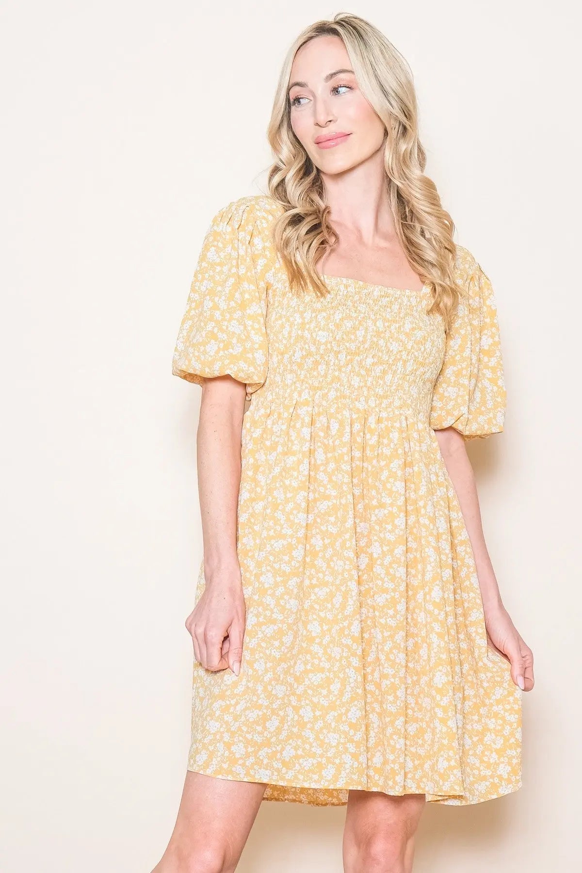 Yellow Floral Maternity Dress With Smocked Bodice And Tie Back PinkBlush