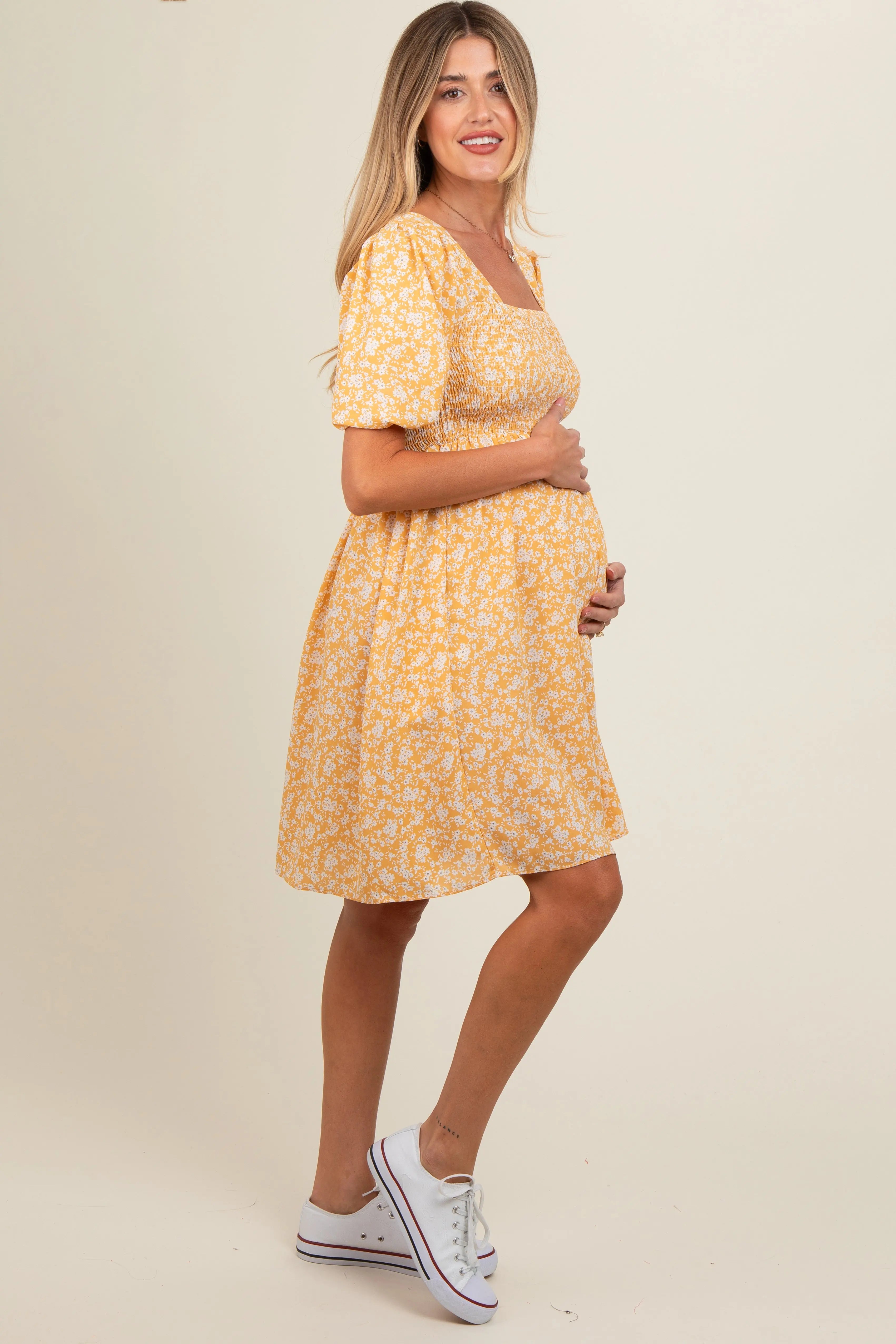 Yellow Floral Maternity Dress With Smocked Bodice And Tie Back PinkBlush