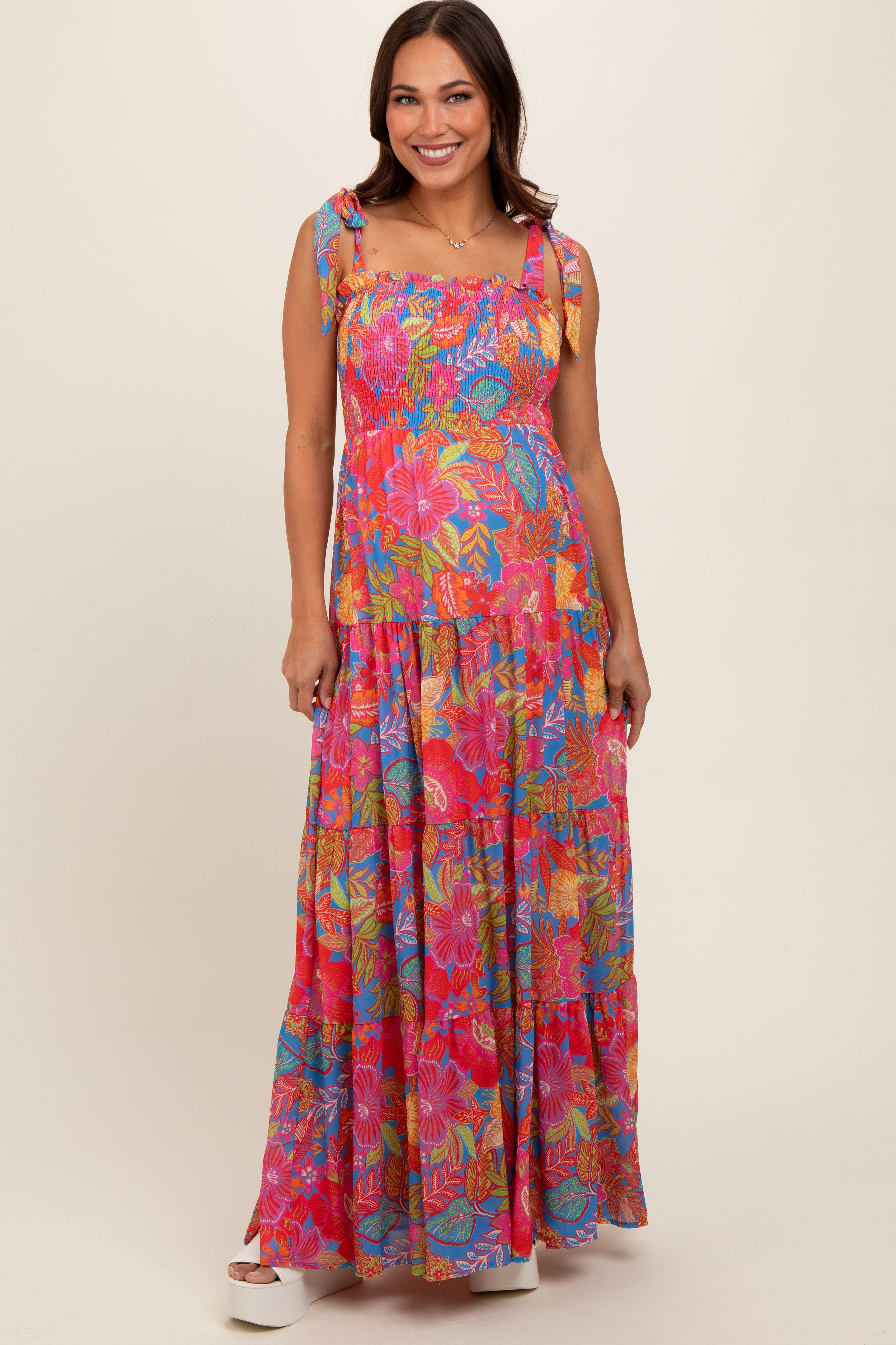 Magenta Floral Shoulder Tier Smocked Maternity Maxi Dress PinkBlush