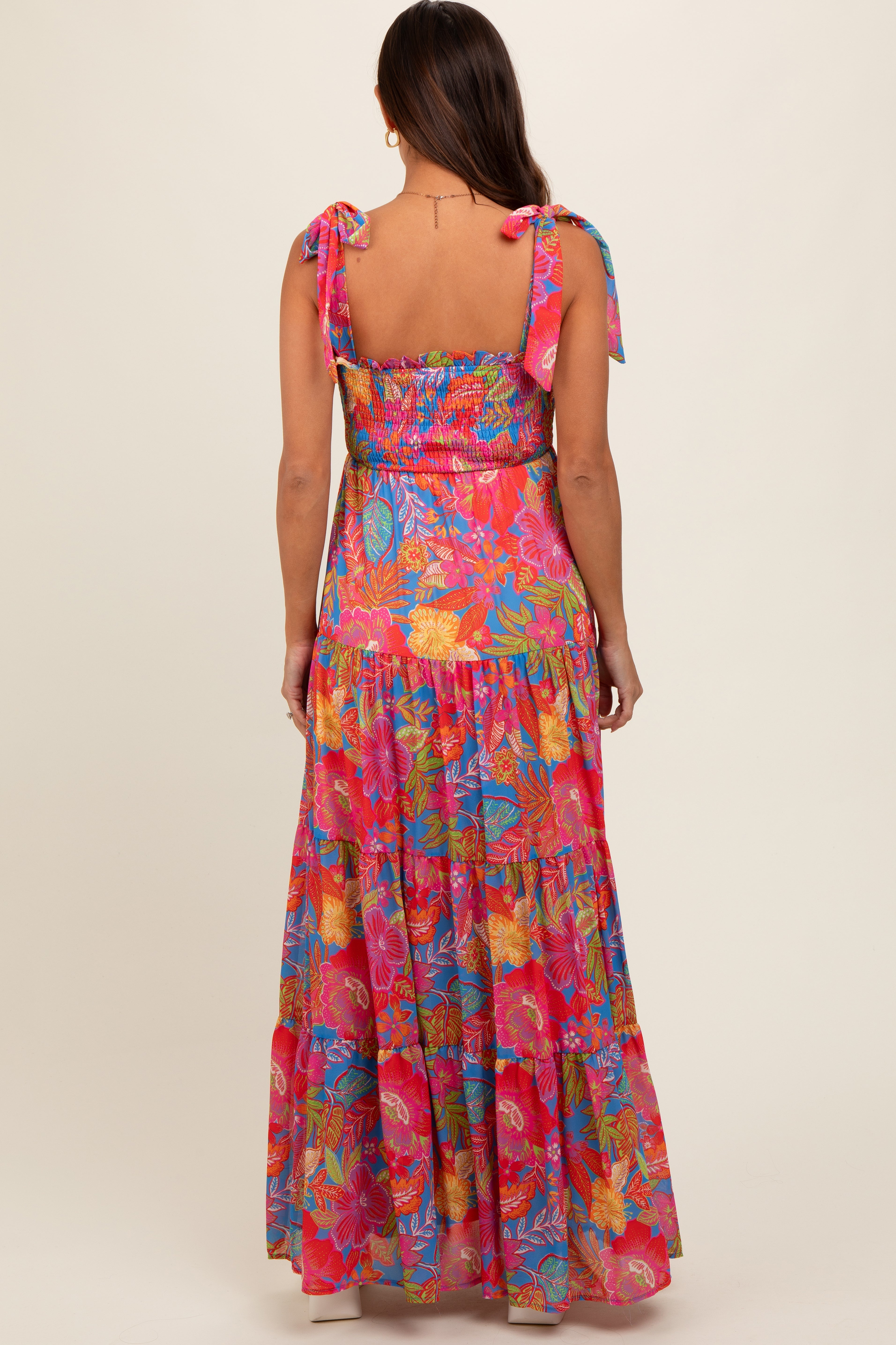 Magenta Floral Shoulder Tier Smocked Maternity Maxi Dress PinkBlush