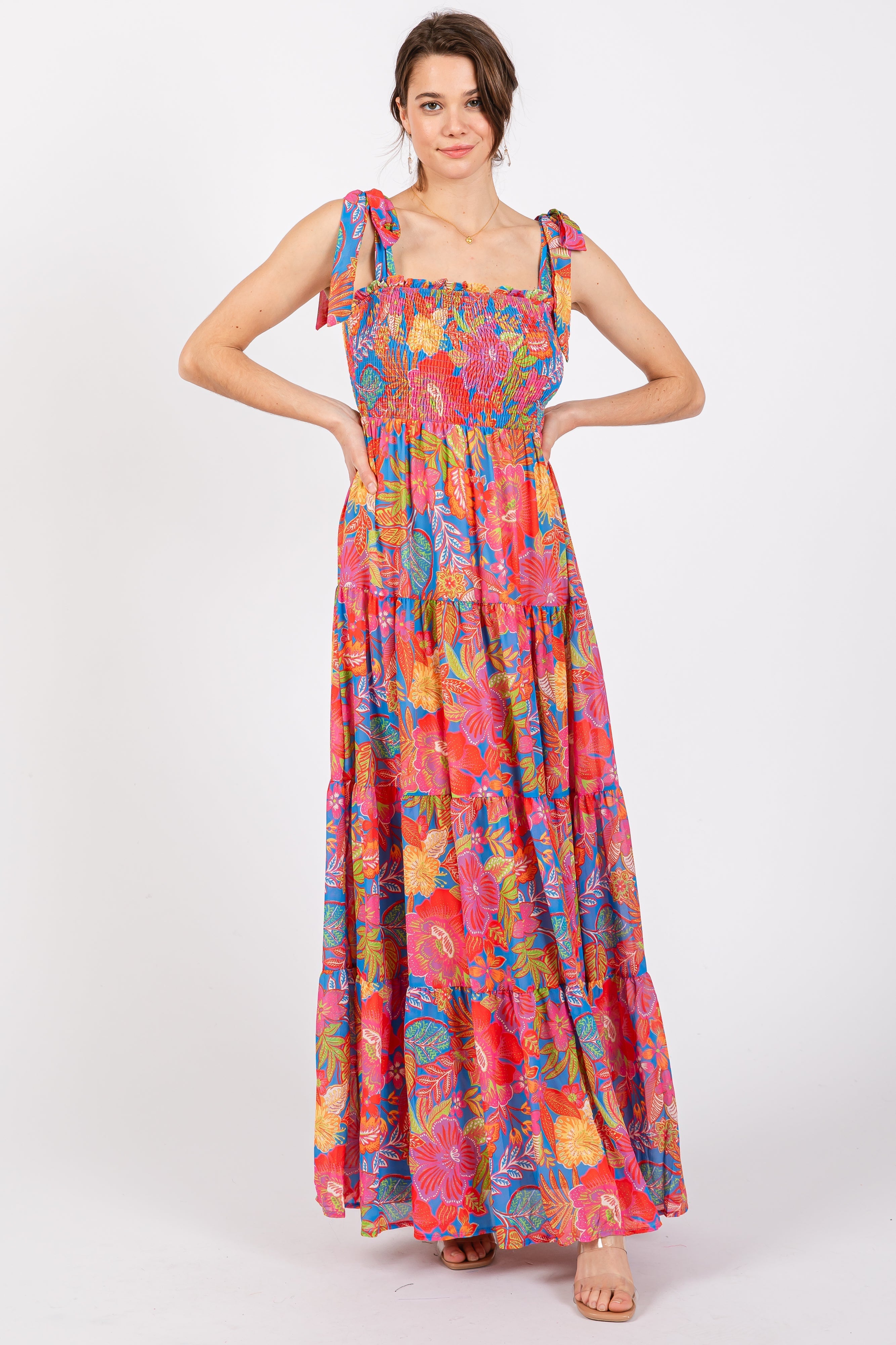 Magenta Floral Shoulder Tier Smocked Maternity Maxi Dress PinkBlush