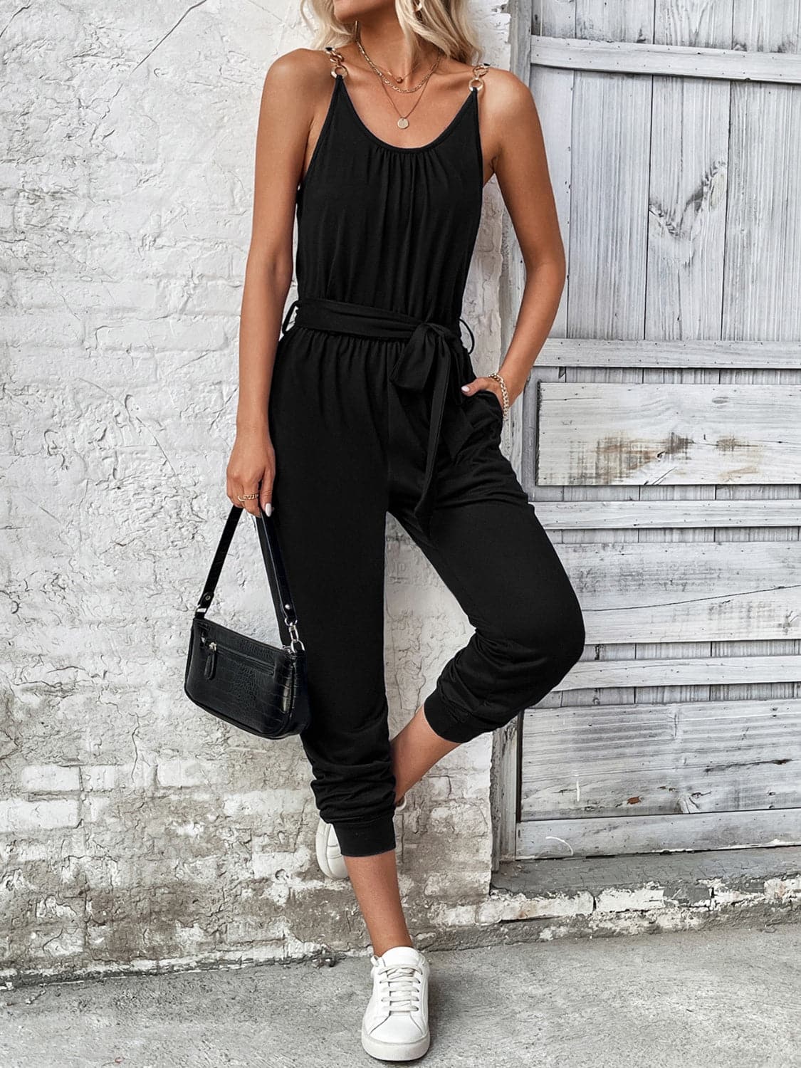 Scoop Neck Tie Waist Jumpsuit.