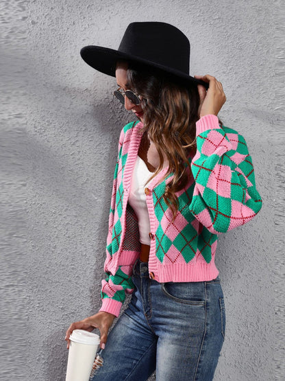 Geometric Button Up Long Sleeve Cardigan.