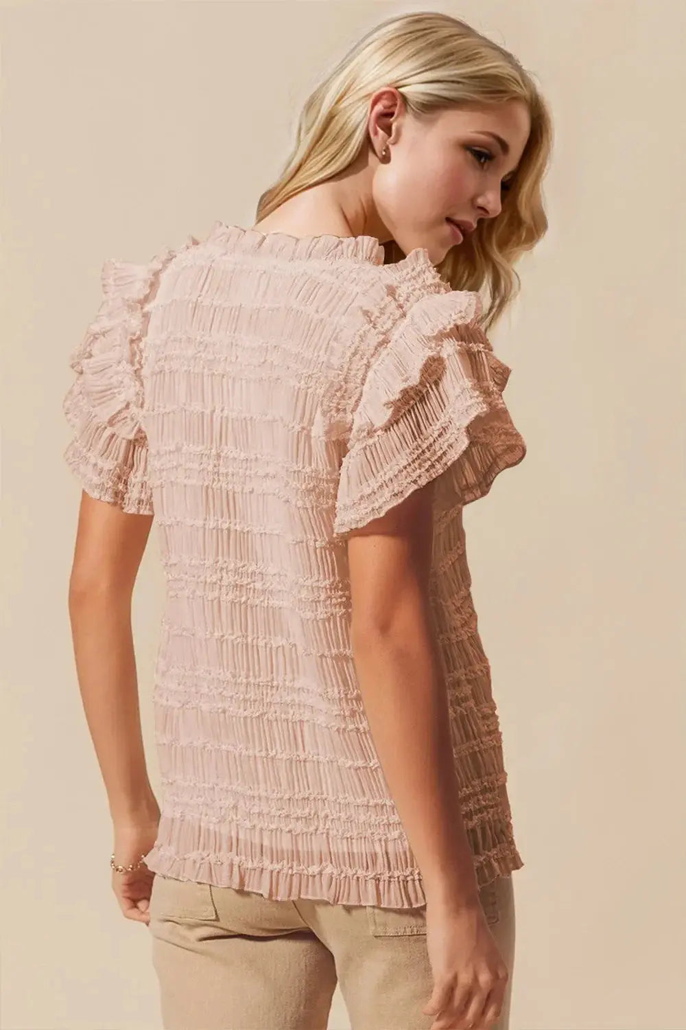 Oh Full Size Frill Notched Flounce Sleeve Blouse - Love Salve