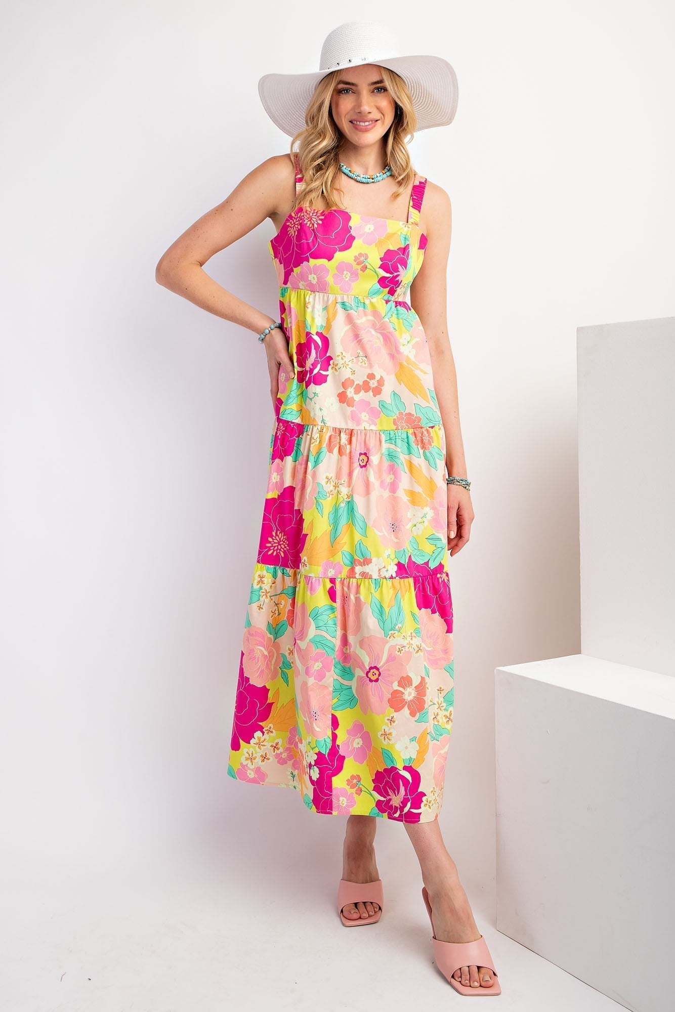 Lime Multi-Color Floral Tiered Cutout Back Maternity Dress PinkBlush