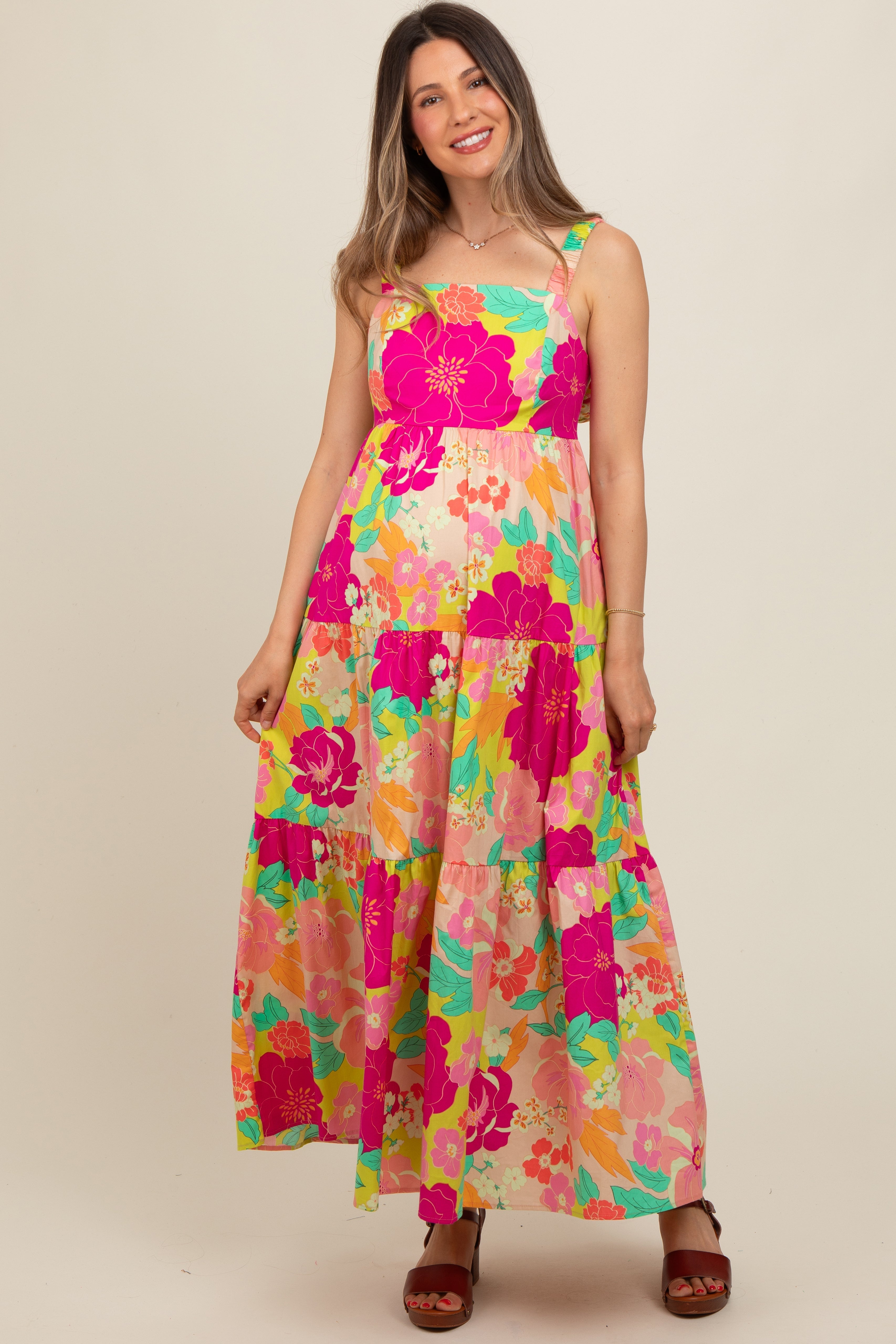 Lime Multi-Color Floral Tiered Cutout Back Maternity Dress PinkBlush