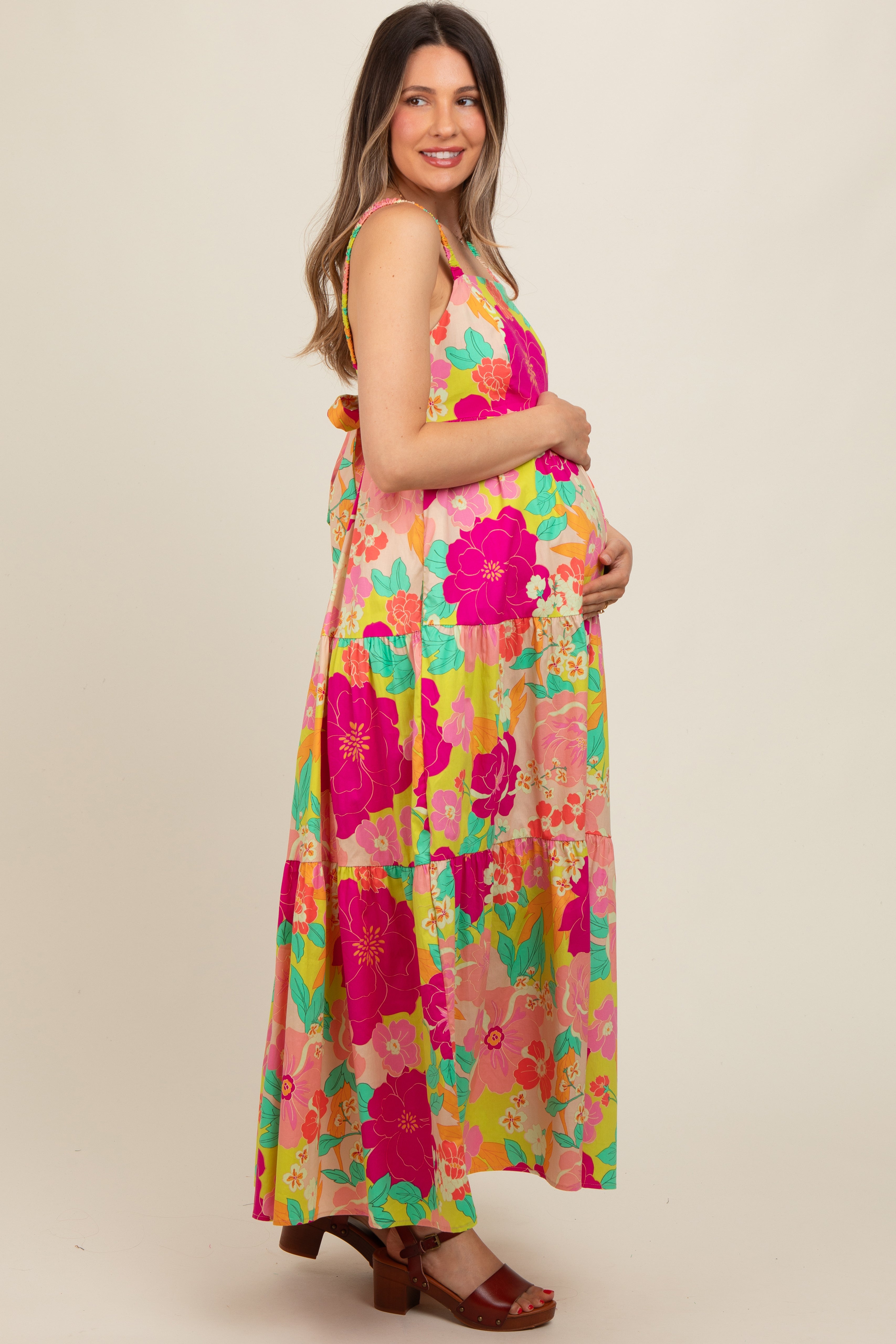 Lime Multi-Color Floral Tiered Cutout Back Maternity Dress PinkBlush