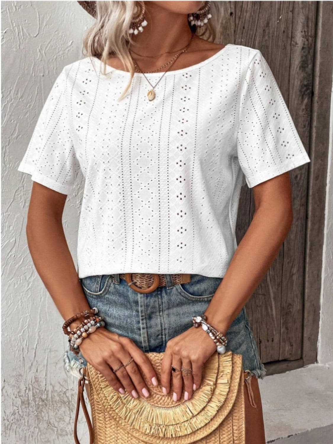 Lace Detail Eyelet Short Sleeve Blouse.