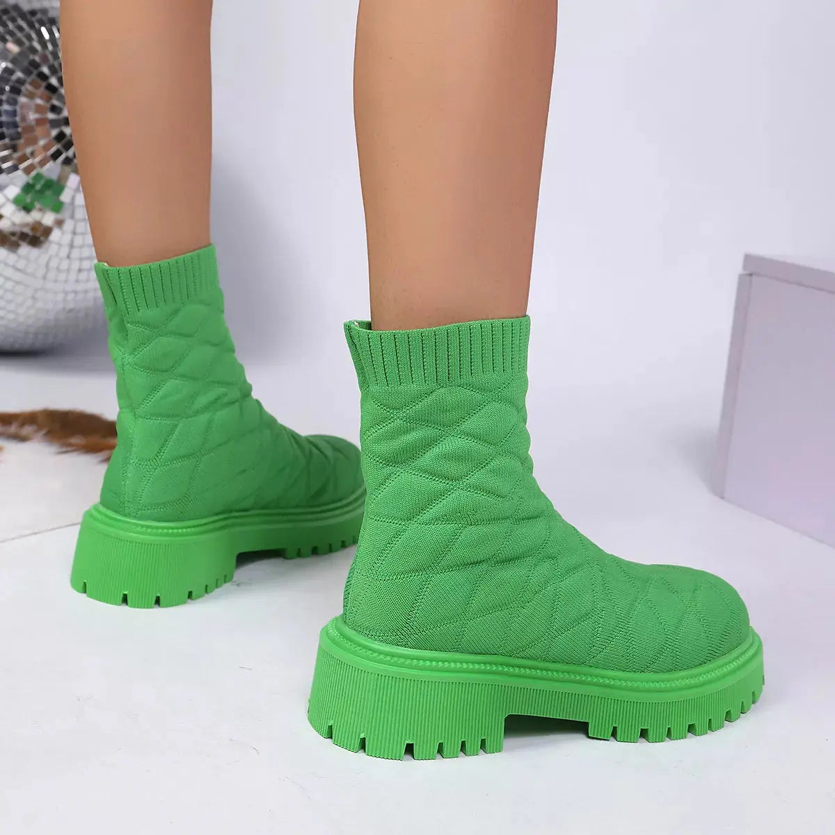 Black Knit Sock Boots With Round Toe And Low Heel Thick Lug Sole Simply Love