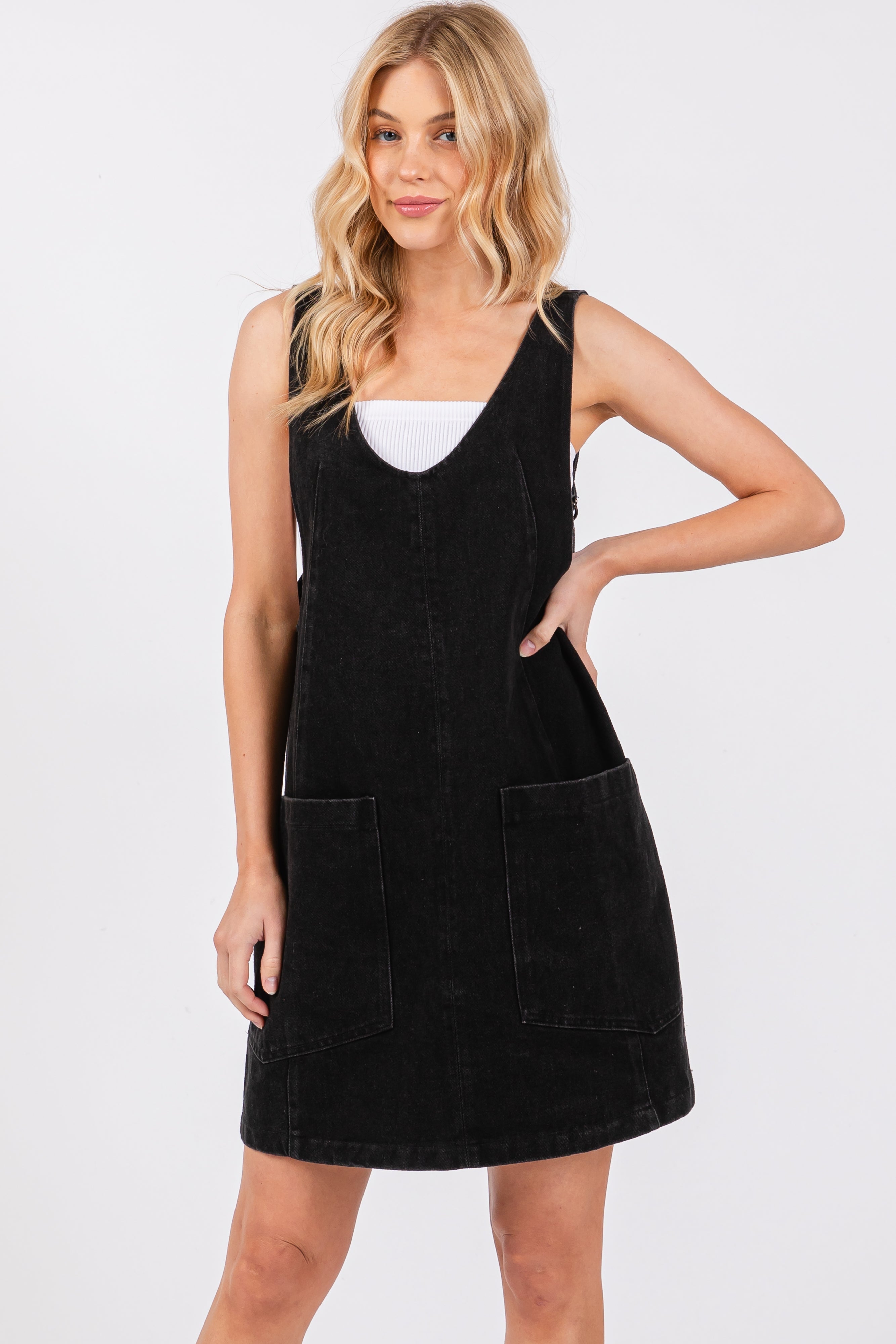 Black Denim Side Pocket Overall Maternity Dress PinkBlush