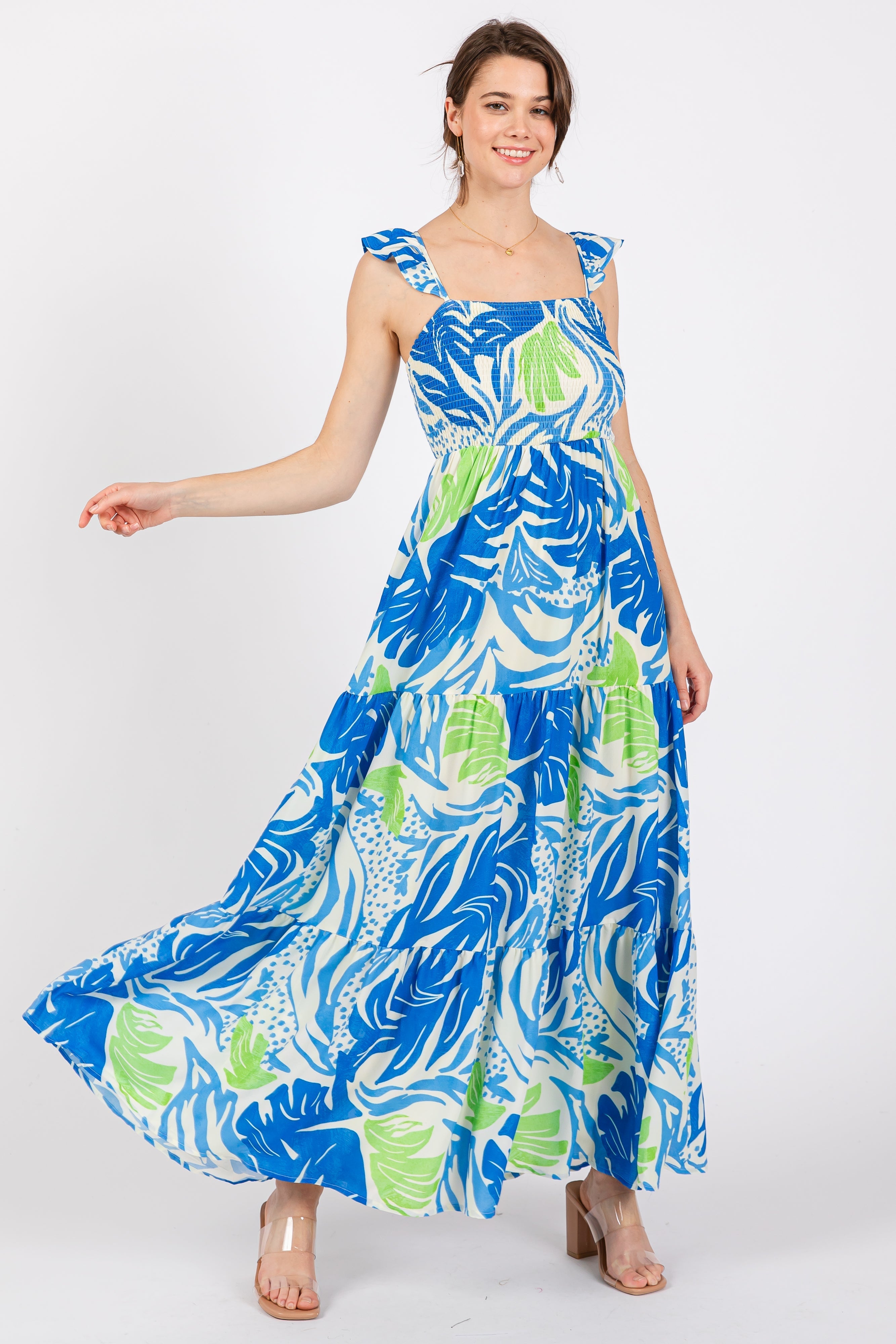 Blue Leaf Print Smocked Maxi Dress PinkBlush