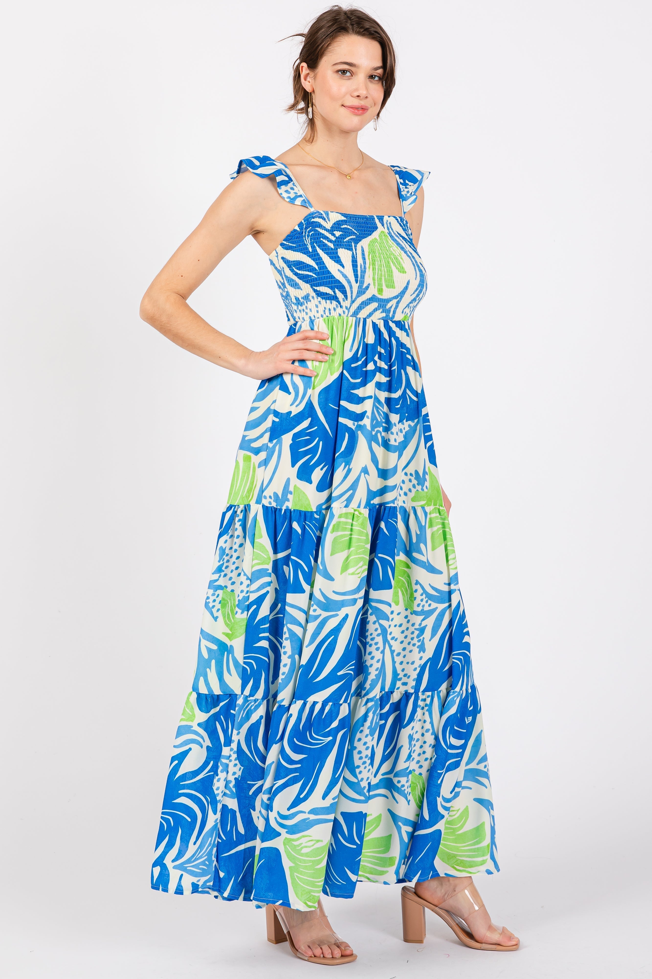 Blue Leaf Print Smocked Maxi Dress PinkBlush
