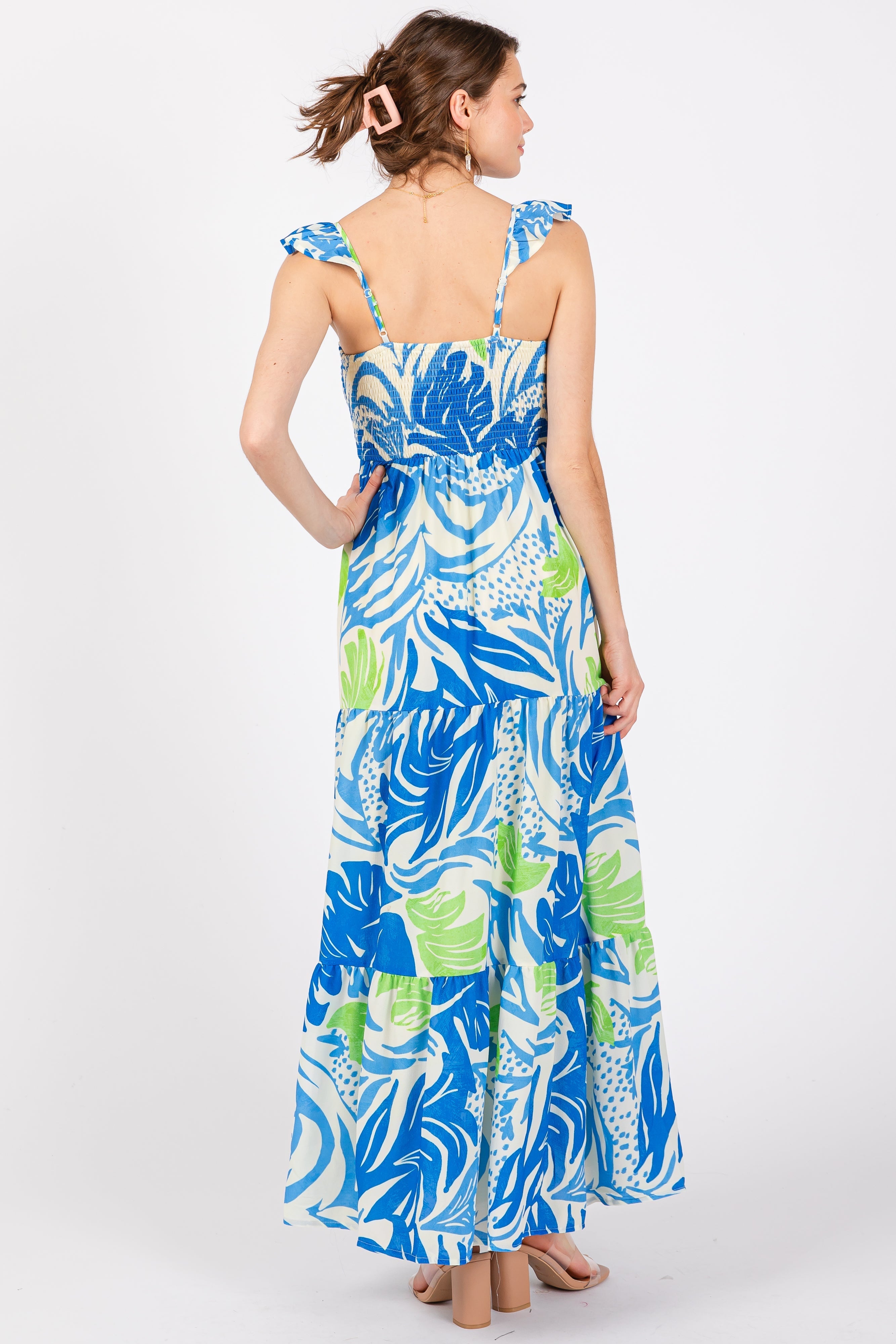 Blue Leaf Print Smocked Maxi Dress PinkBlush