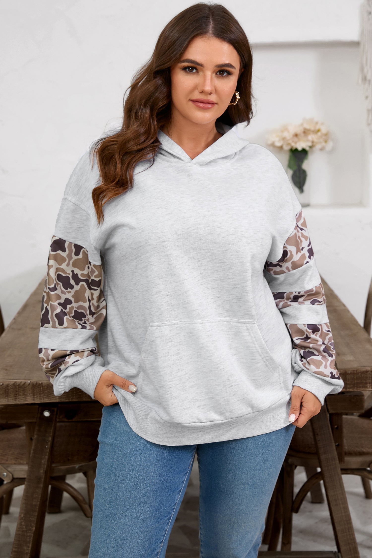 Dear-Lover Grey Camo Patchwork Women's Plus Size Hoodie Casual Fall Style Dear-Lover Dropshipping