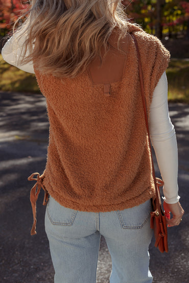 Premium Cinnamon Faux Fur Vest Snap Button Front Knot Side Pockets
