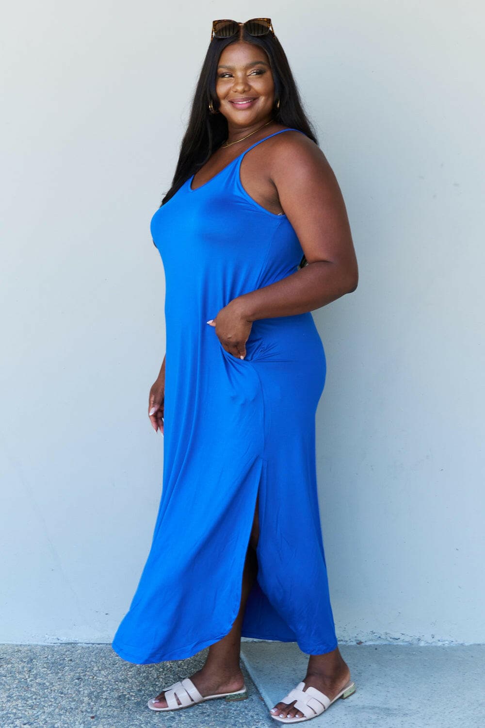 Ninexis Good Energy Full Size Cami Side Slit Maxi Dress in Royal Blue.