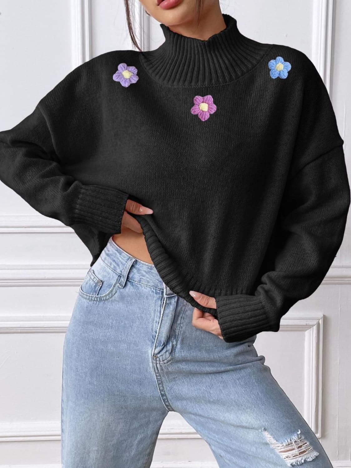 Floral elegance turtleneck long sleeve sweater