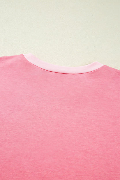 Peach Blossom Patchwork Two Tone Half Sleeve Plus Size Tee