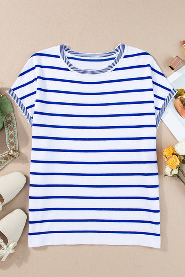 Striped Round Neck Cap Sleeve Knit Top.