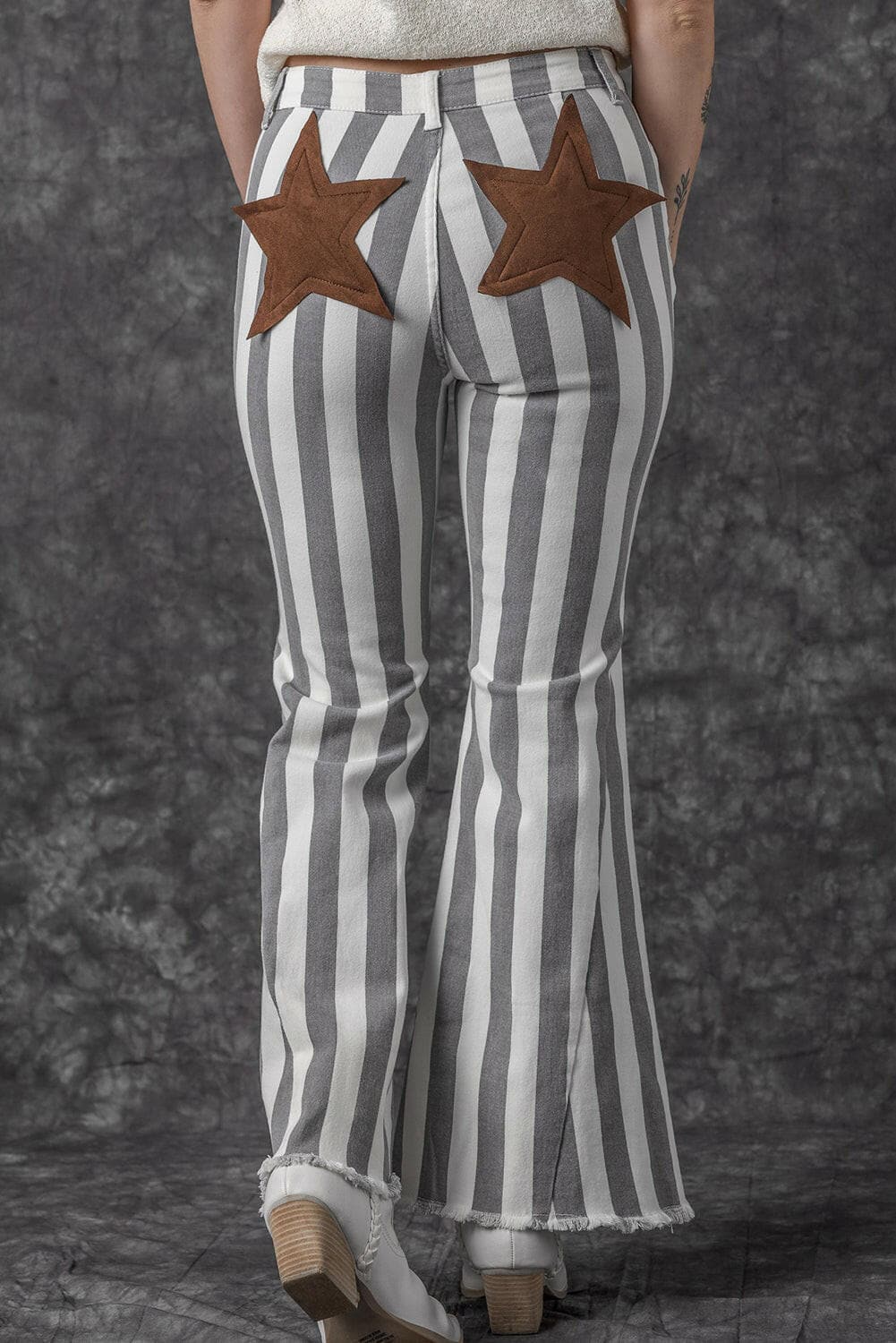 Star Applique Striped Jeans with Raw Hem & Distressed Details.