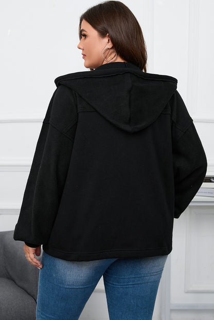 Chic black plus size hooded jacket with bishop sleeves