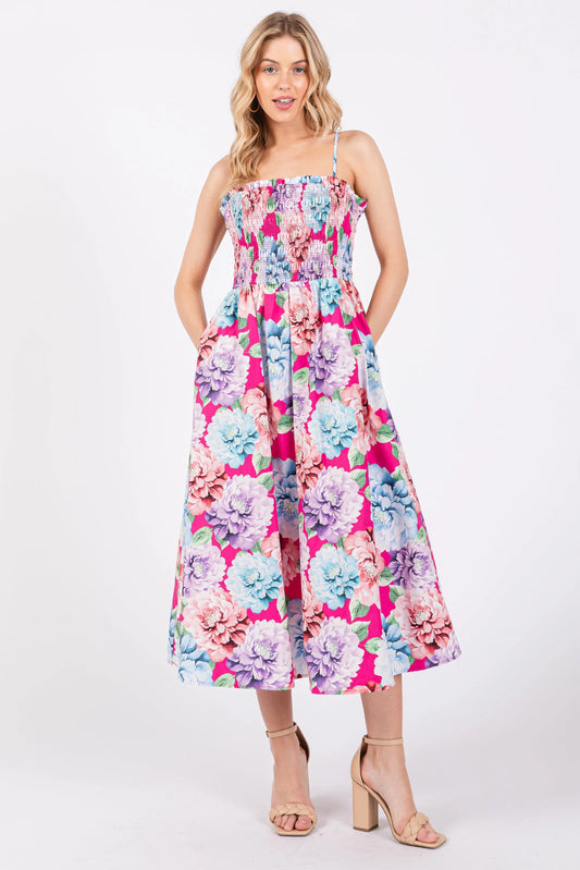 Fuchsia Floral Smocked Midi Dress PinkBlush