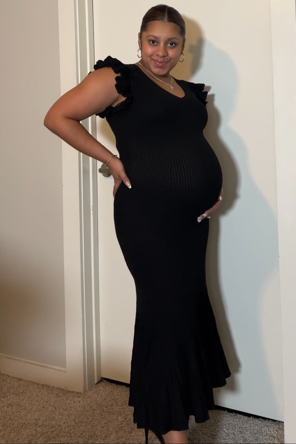 Black Ruffle Sleeve Mermaid Hem Maternity Midi Dress PinkBlush