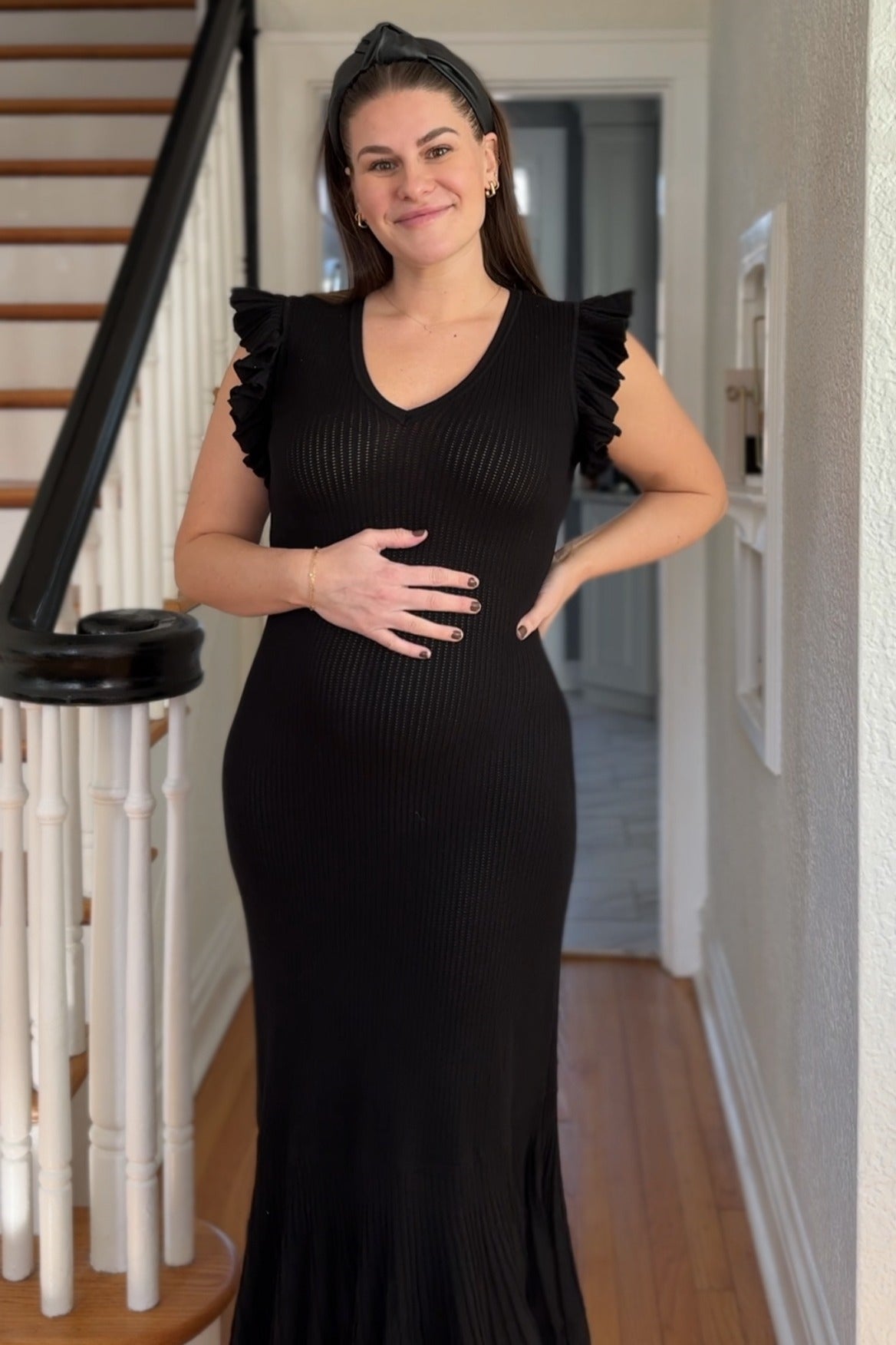 Black Ruffle Sleeve Mermaid Hem Maternity Midi Dress PinkBlush