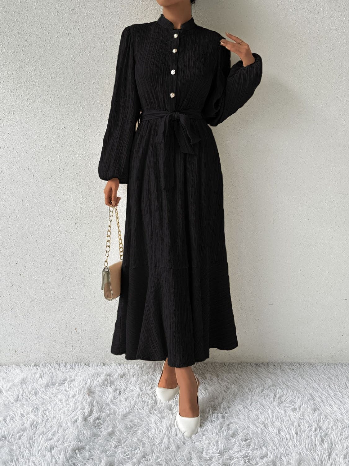 Tie Waist Long Sleeve Dress.