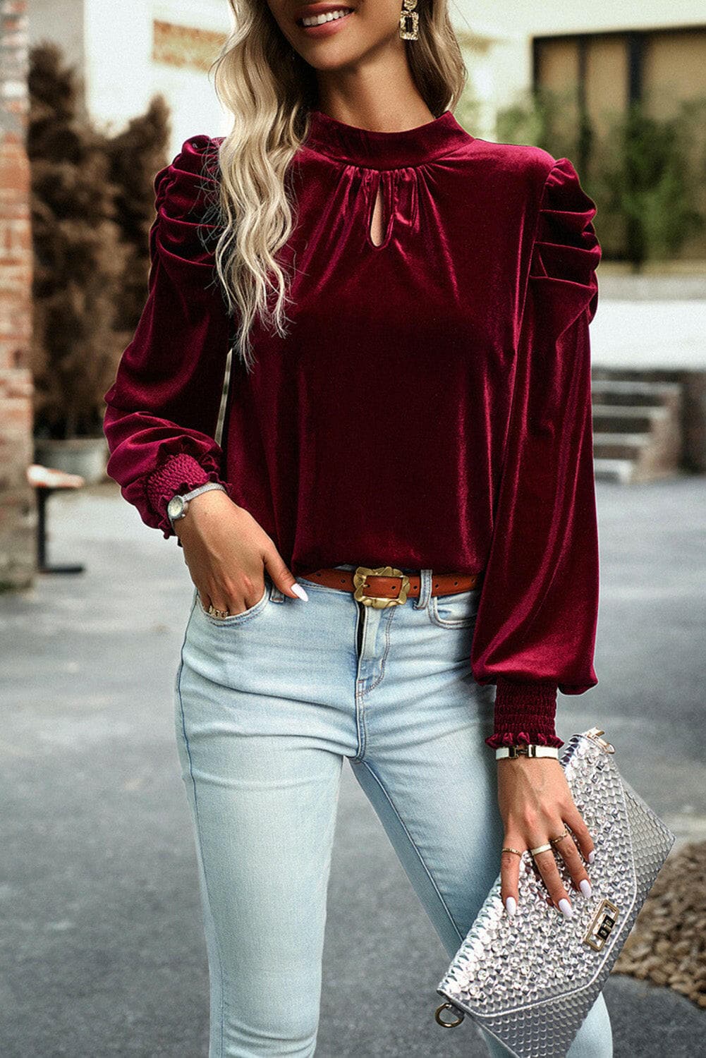 Tie Up Mock Neck Velvet Fabric Long Sleeve BlouseTie Up Mock Neck Velvet Fabric Long Sleeve Blouse
 Upgrade your wardrobe with our Tie Up Mock Neck Velvet Fabric Long Sleeve Blouse, the epitome of elegance and sophLove Salve Mock Neck Velvet Fabric Long Sleeve BlouseBlouses