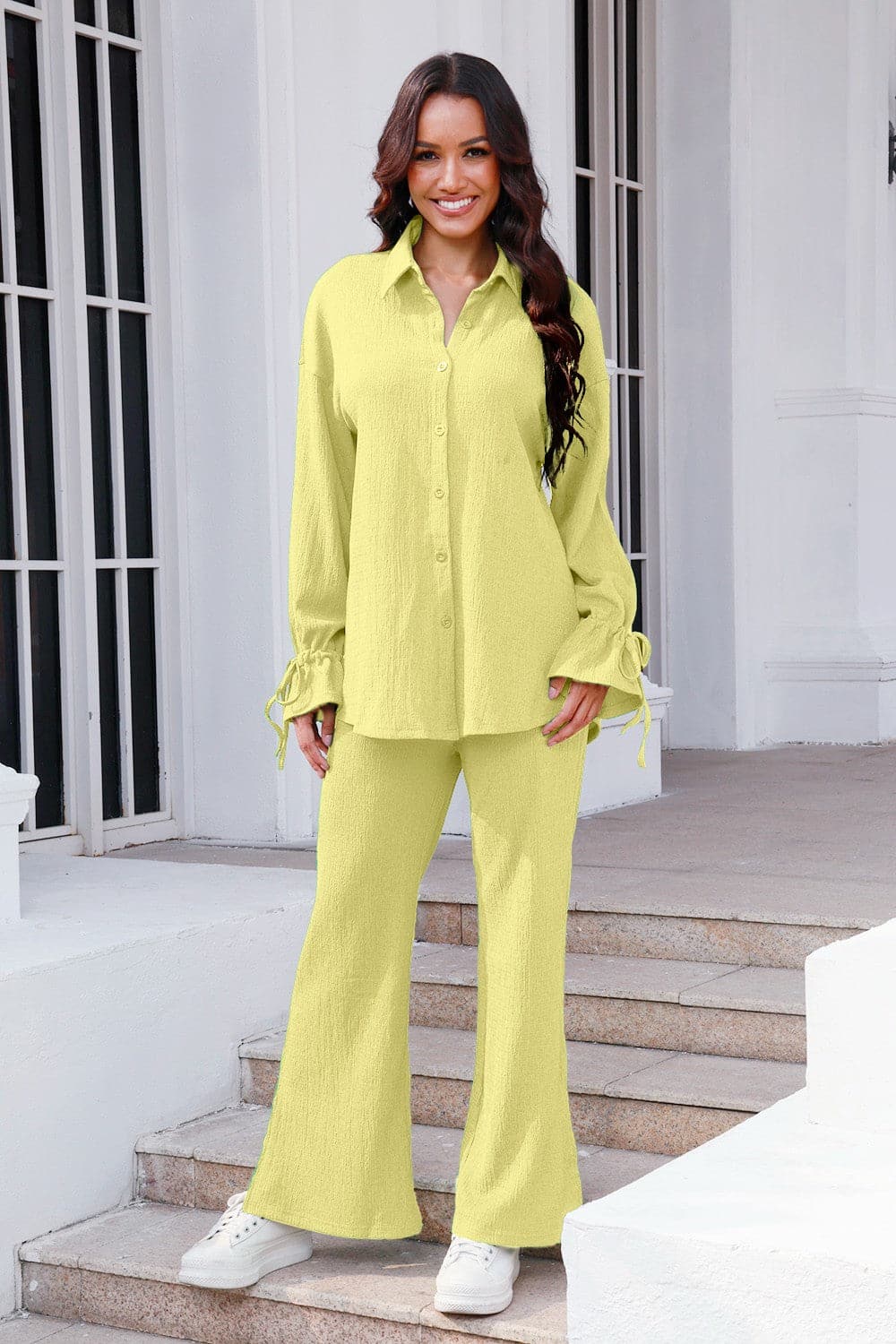 Drawstring Flounce Sleeve Shirt and Pants Set.