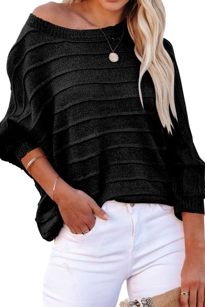 Striped Ribbed Trim Round Neck Sweater.