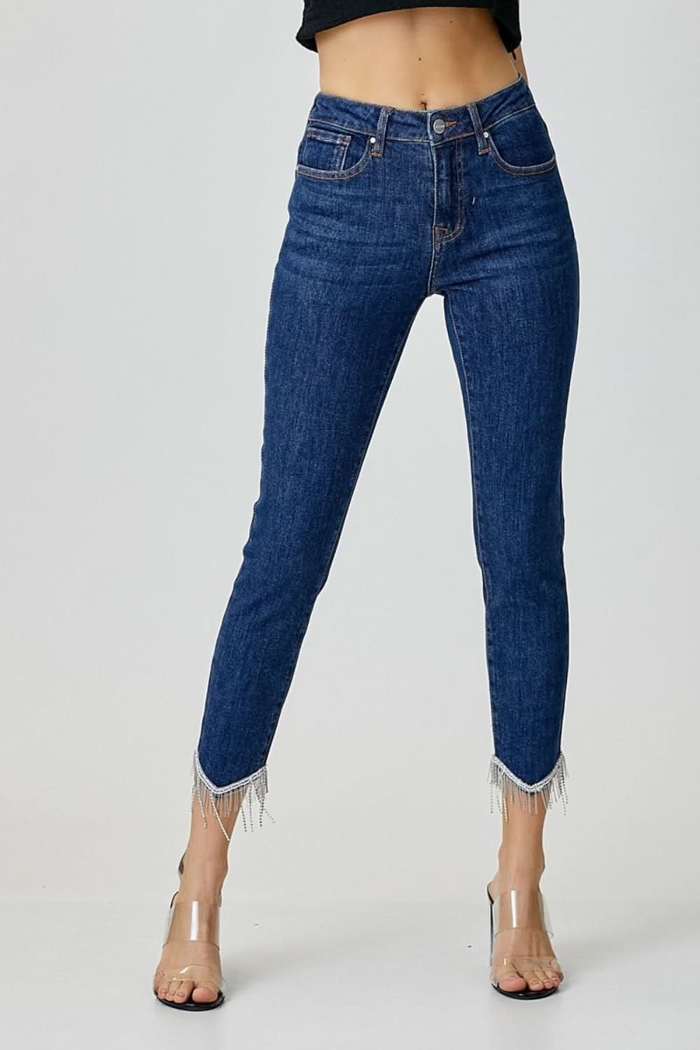 RISEN Full Size Embellished Mid Rise Crop Skinny Jeans with sparkle details, cropped length, and washed denim.