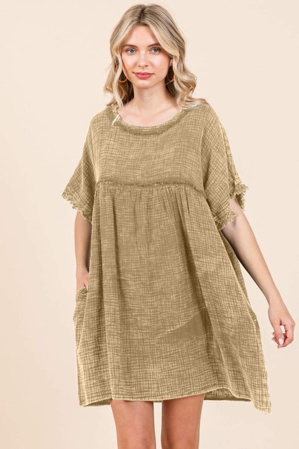 Culture Code Full Size Short Sleeve Babydoll Texture Dress with Pockets.