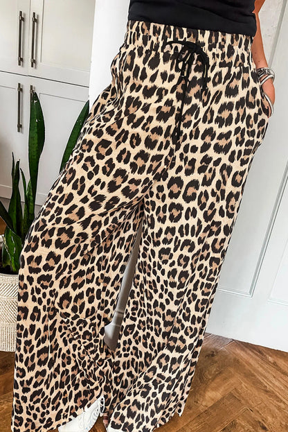 Parchment Leopard Drawstring Flowy Wide Leg Pants for Women