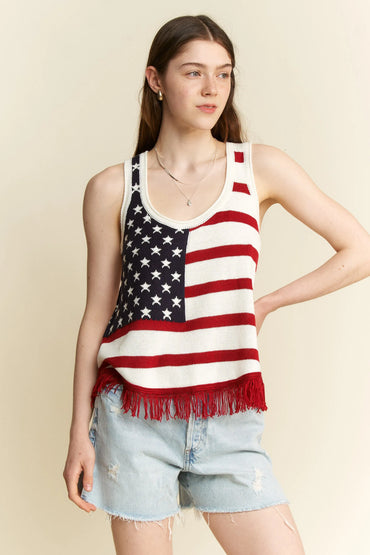 Jade By Jane Full Size American Flag Fringe Tank Top Plus Size - Love Salve 
