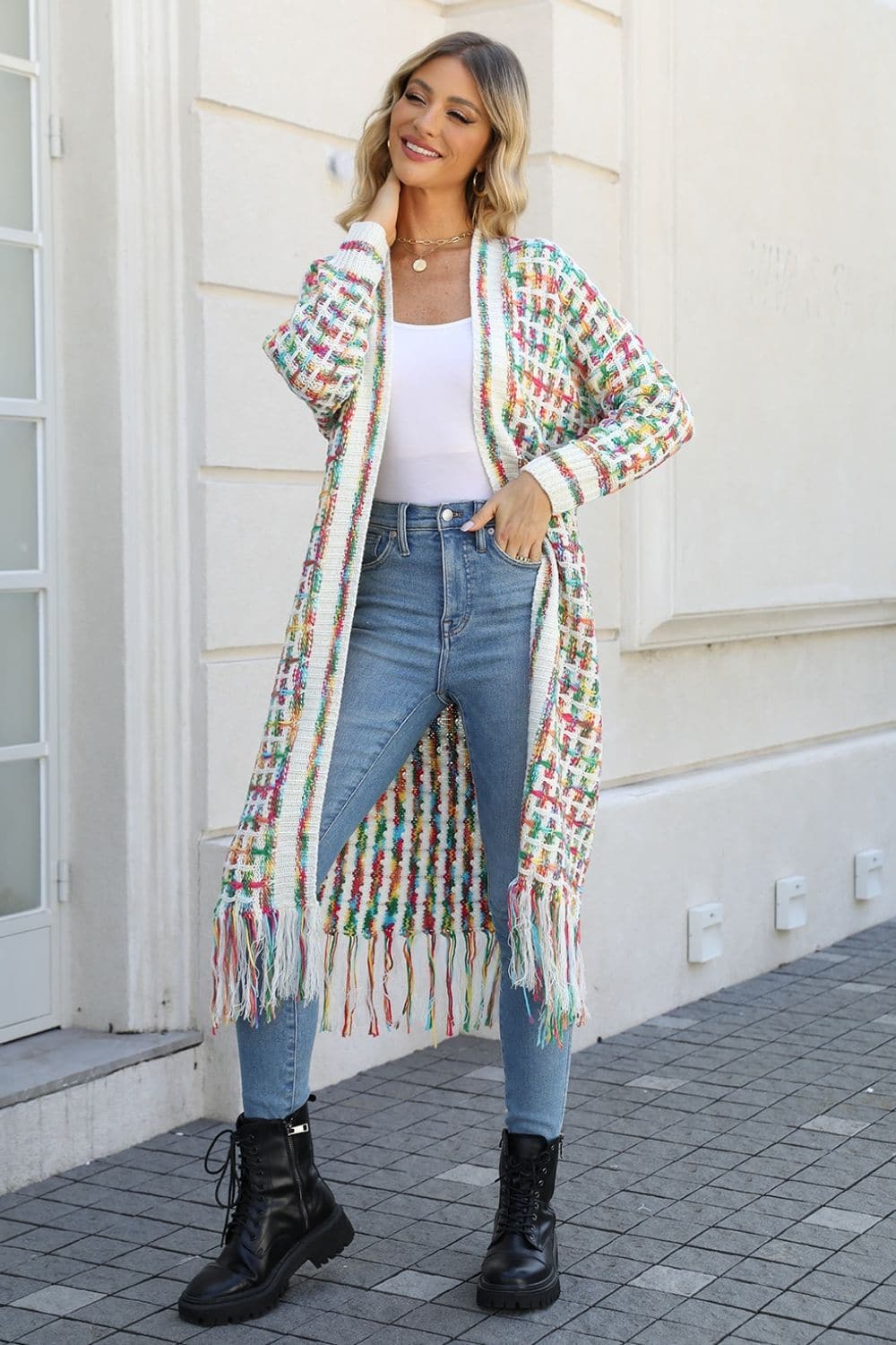 Multicolored Open Front Fringe Hem Cardigan.