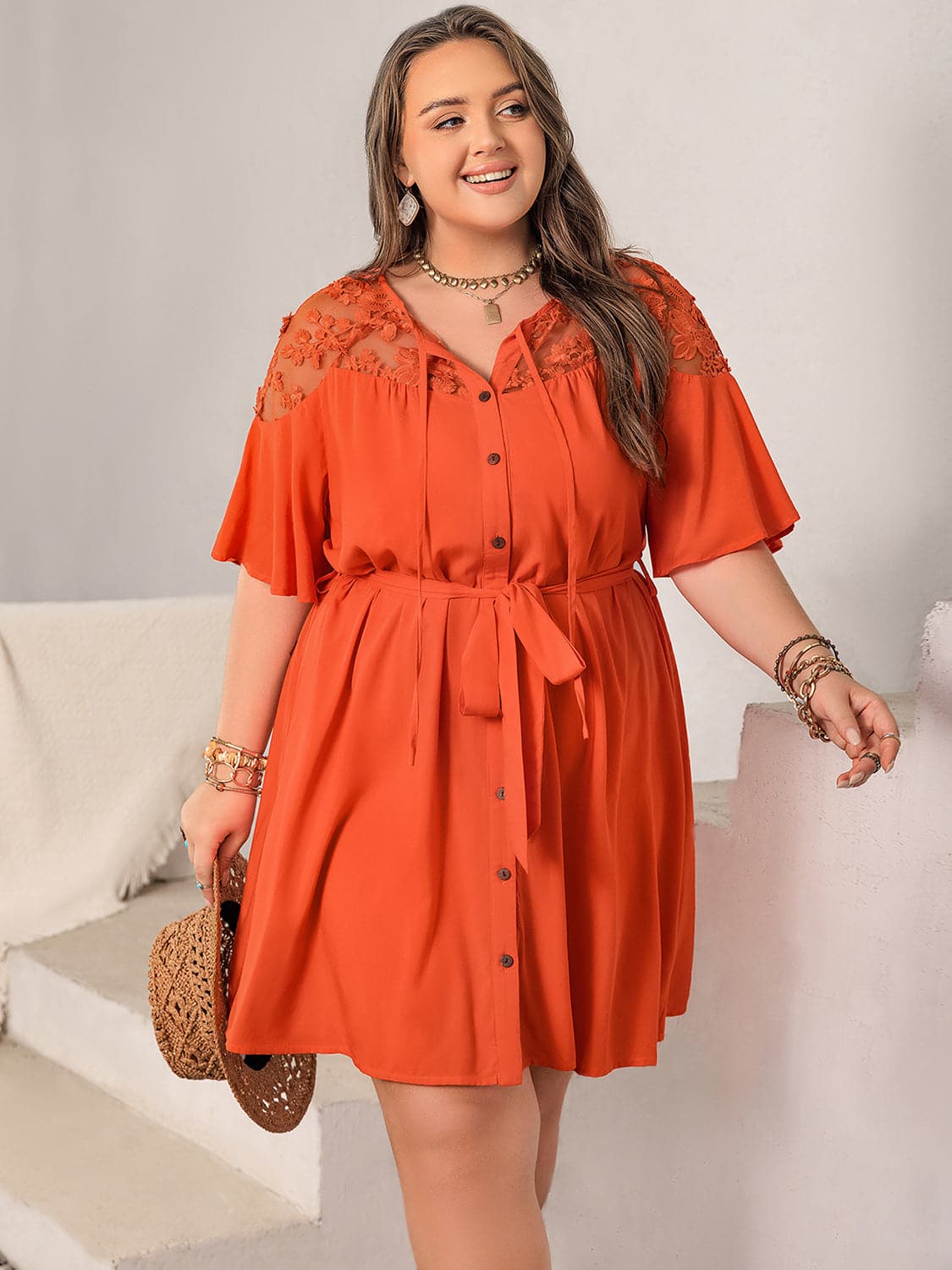 Plus Size Lace Button Up Half Sleeve Dress.