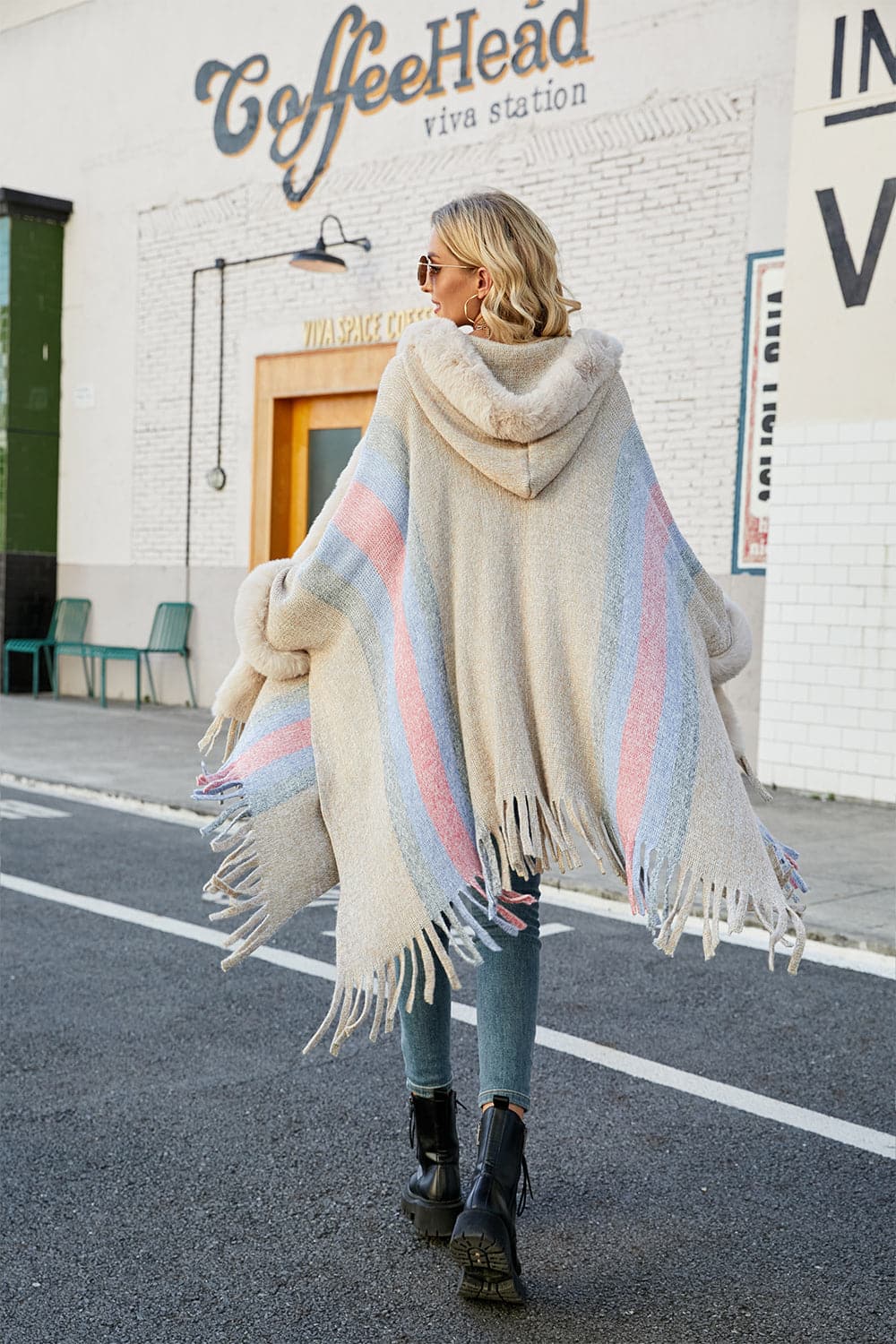 Color Block Fringe Detail Poncho.