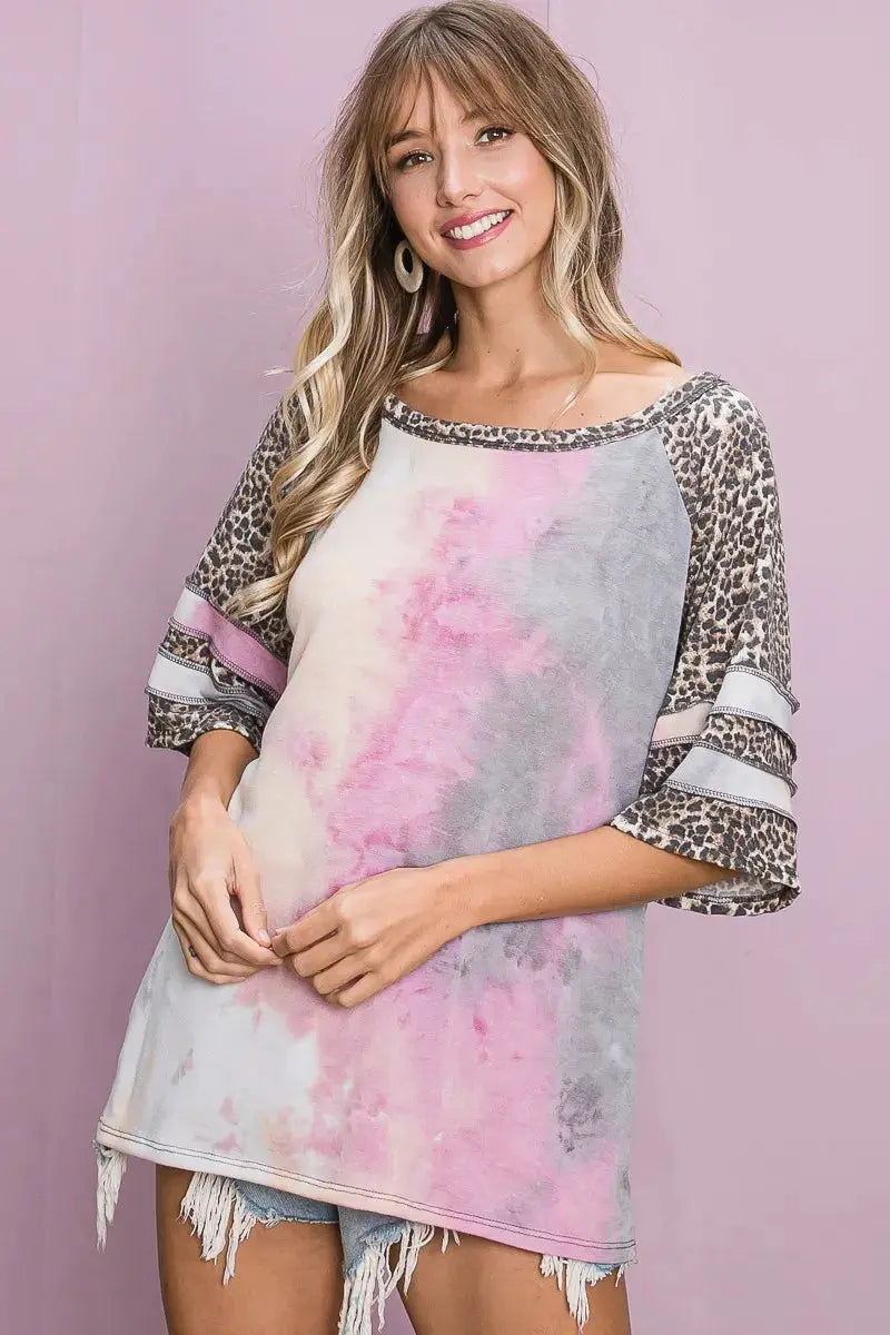 BiBi Tiedye French Terry with Leopard Sleeve Top - Love Salve 