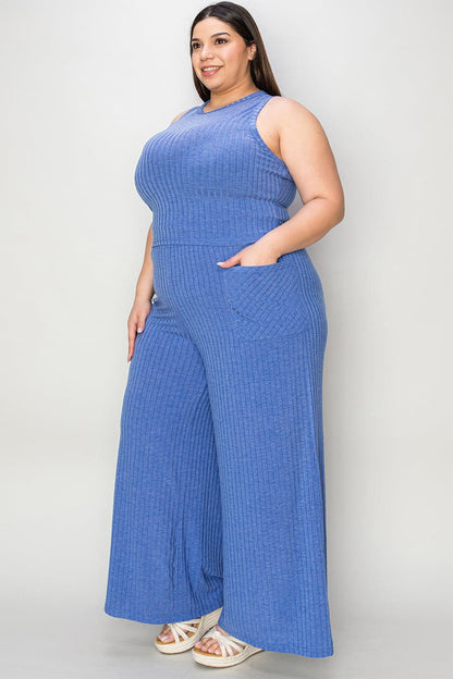 Basic Bae Full Size Ribbed Tank and Wide Leg Pants Set.